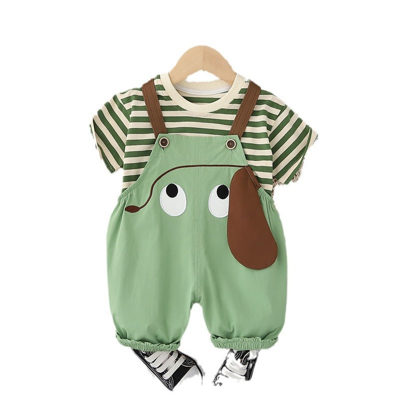 Set Korean Cartoon Striped Overall Short-sleeved Shorts Children's Suit