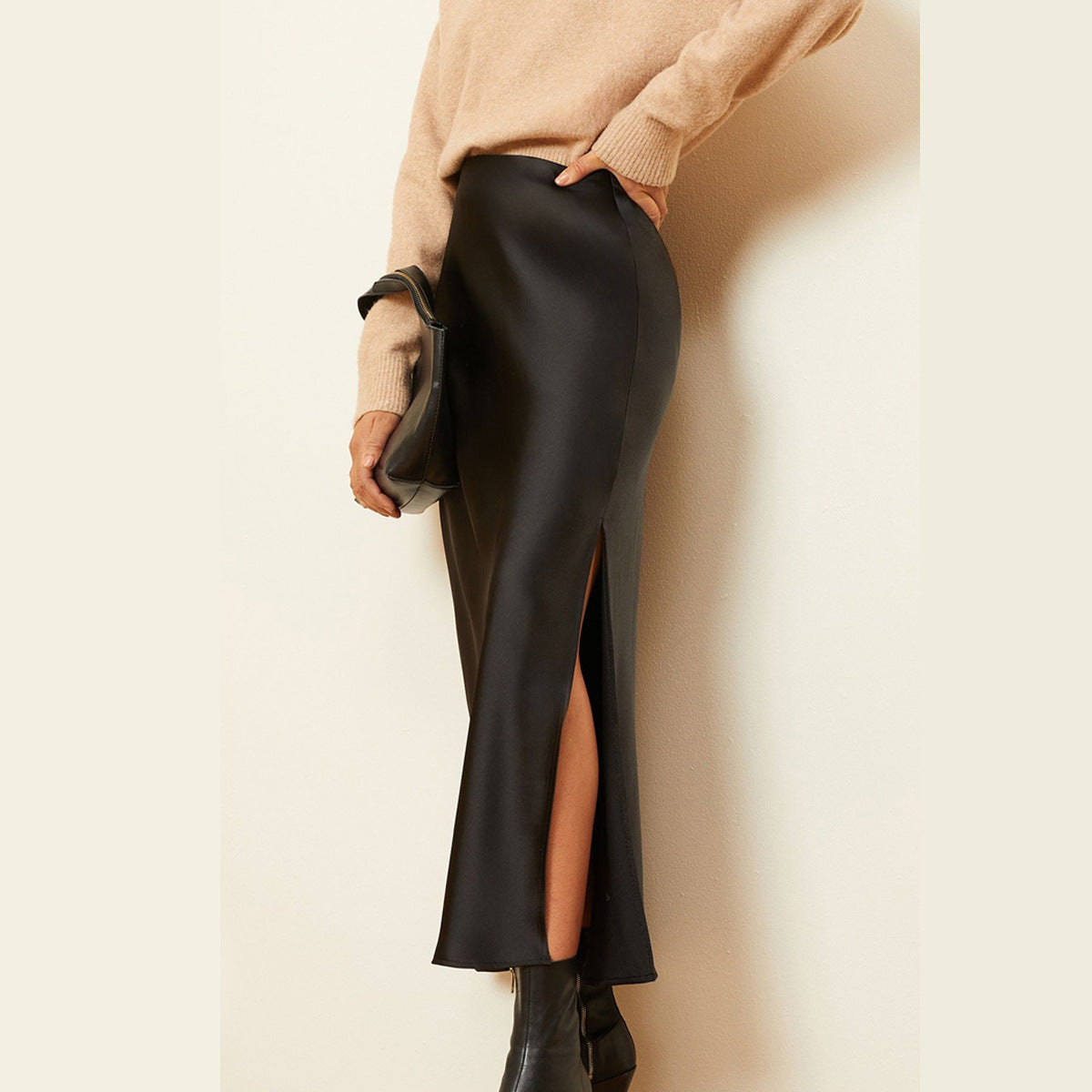 Women's Satin High Waist Elastic Quality Split Skirt