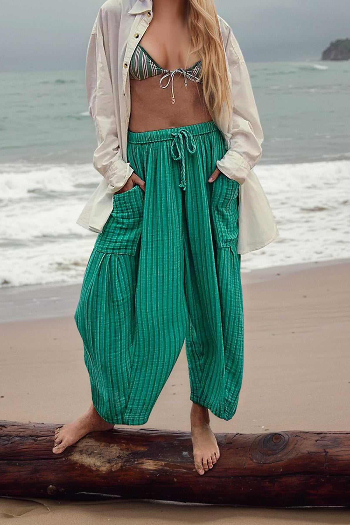 Women's Waist High Wide Leg Loose Cotton Linen Trousers Pants
