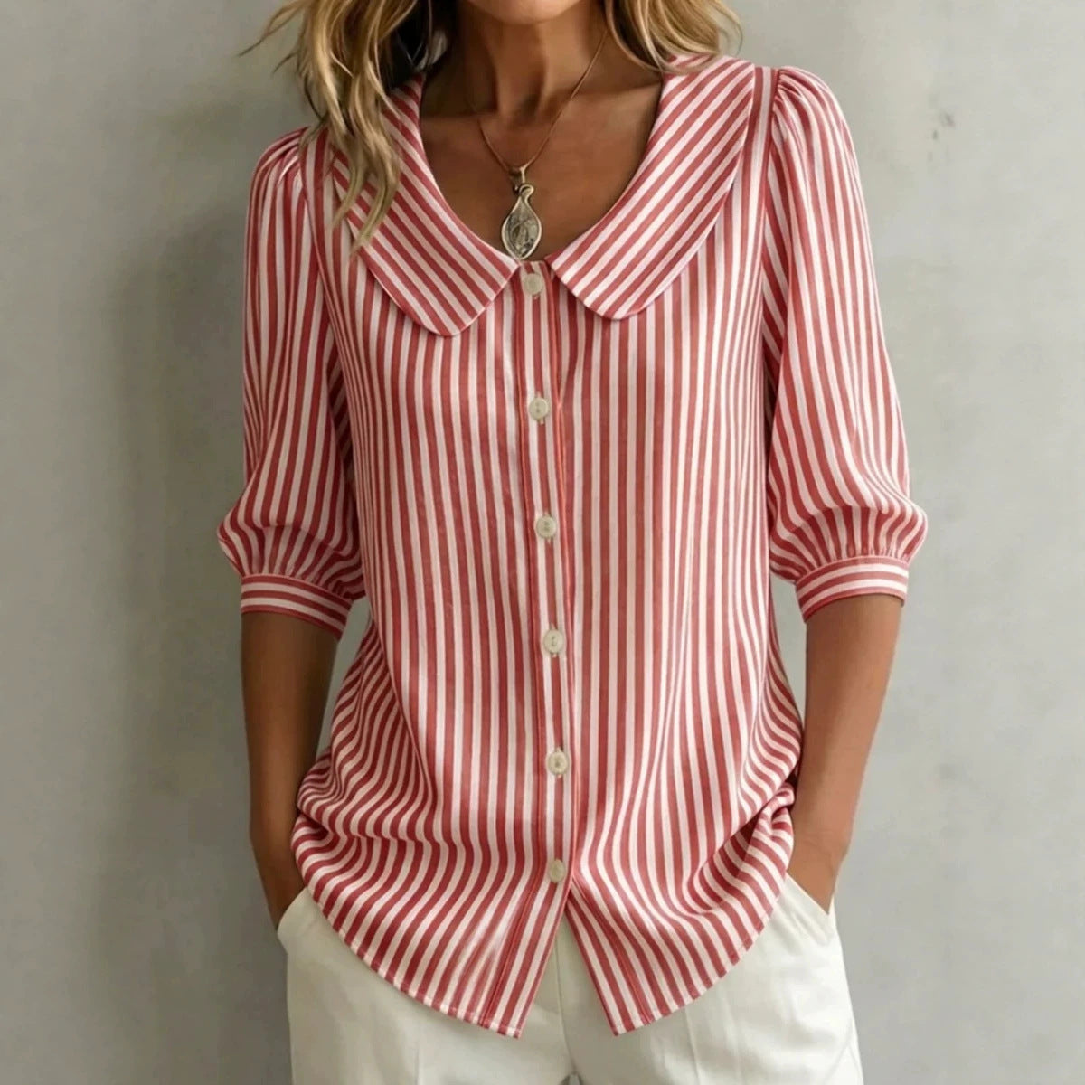 Women's Summer Doll Collar Striped Button Shirt Blouse