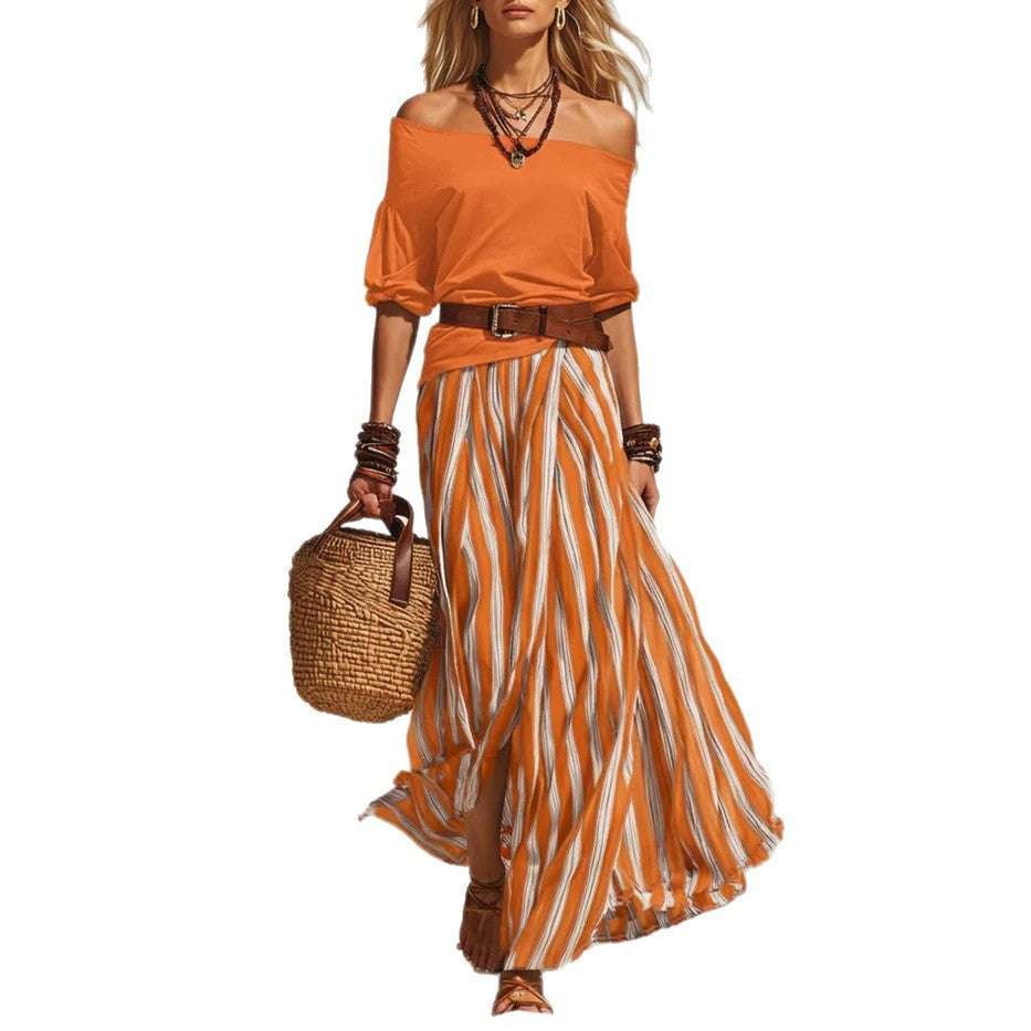 Women's Puff Sleeve Vertical Stripes Draping Striped Fashion Casual Suit
