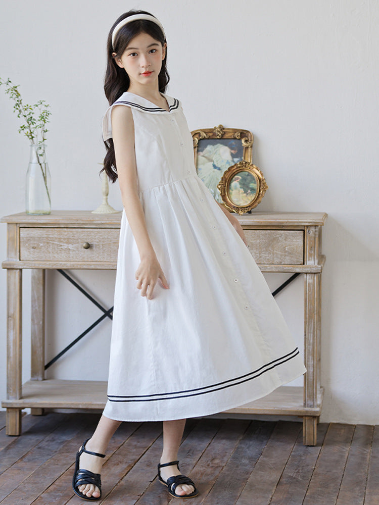 Children's Medium Large Dresses Summer Sailor Collar Skirt Artistic Children's Dress