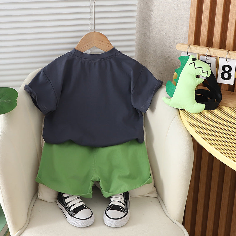 Children's Summer Clothing Korean Boys Dinosaur Bag Short Sleeve Two-piece Children's Suit