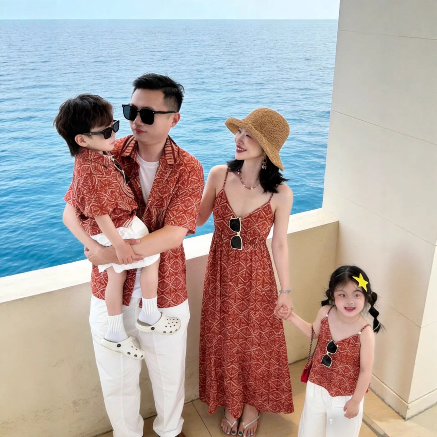 Suit Family Of Three Red Small Floral Shirt Dress Seaside Parent-child Outfit