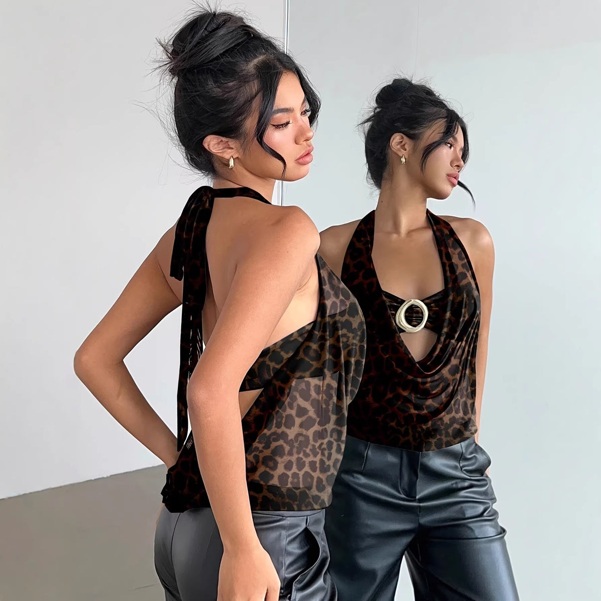 Leopard Print Backless Fashion Sexy Sleeve Casual Small Vest/suspenders/tube Top