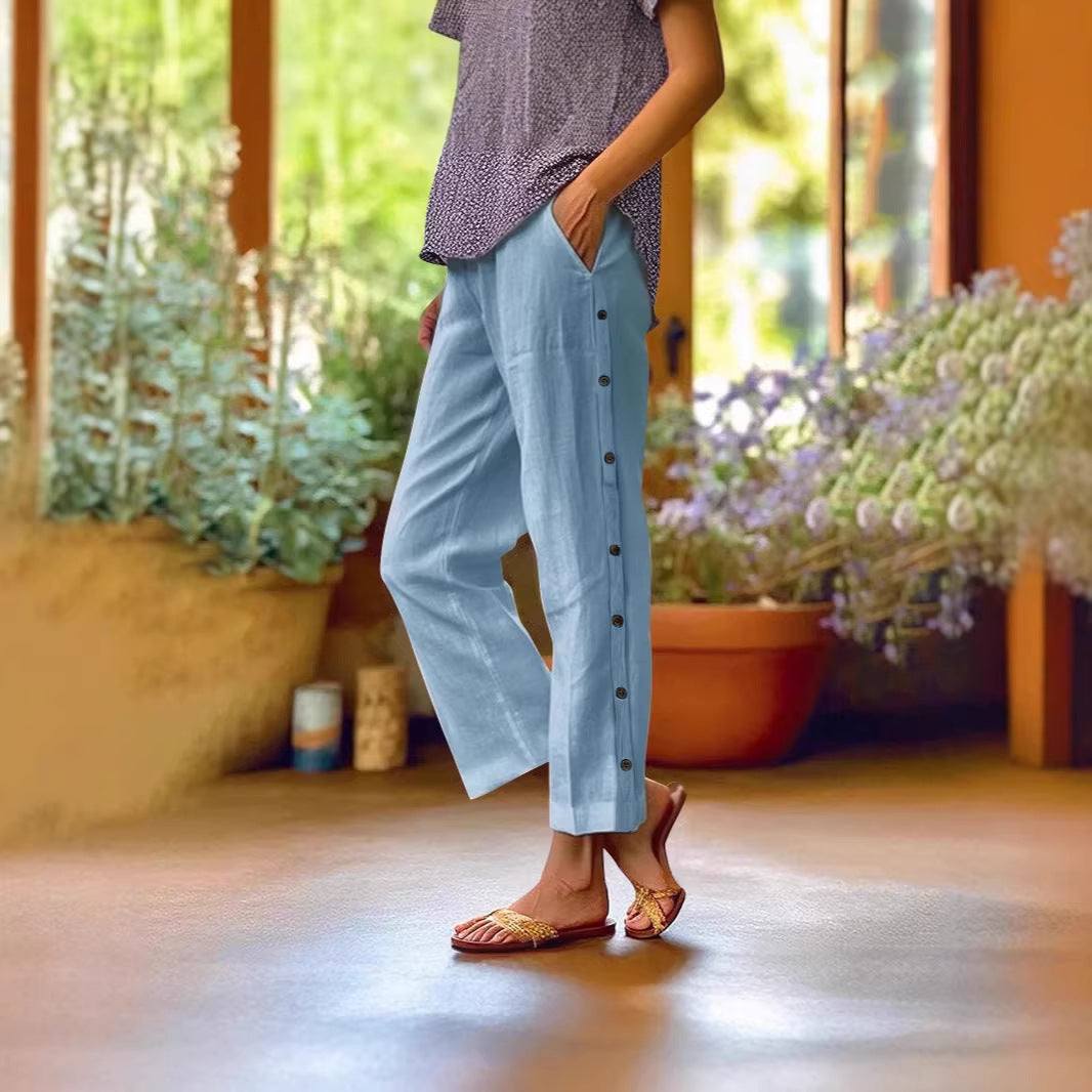 Holiday Slim Looking Cotton Linen Breathable Cropped Featured Fastener Casual Pants