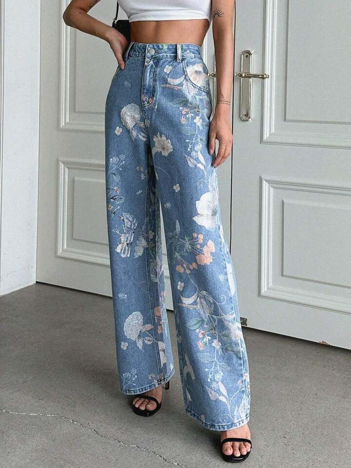 Women's Retro Blue Floral Printed Summer Design High Pants