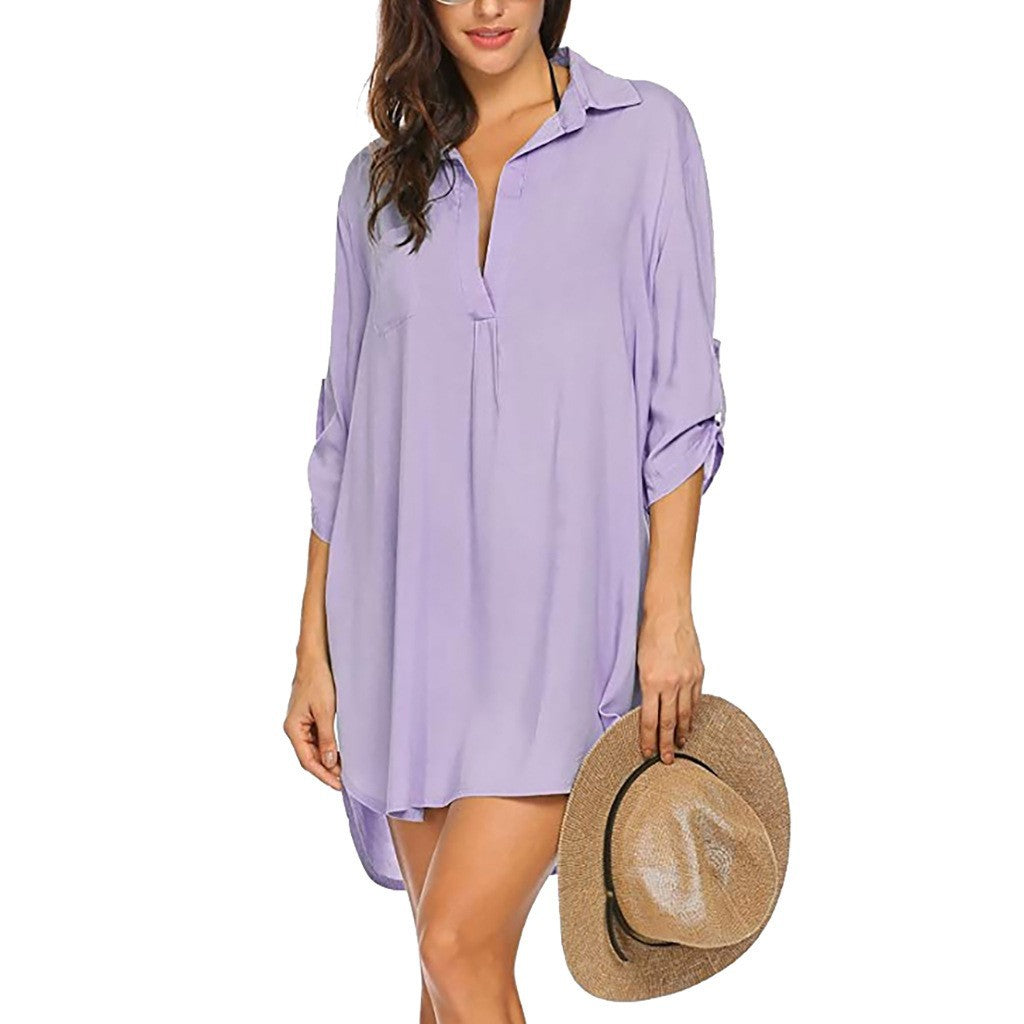Women's Deep V Neckline Solid Color Beach Lace Shirt, Chiffon Shirt