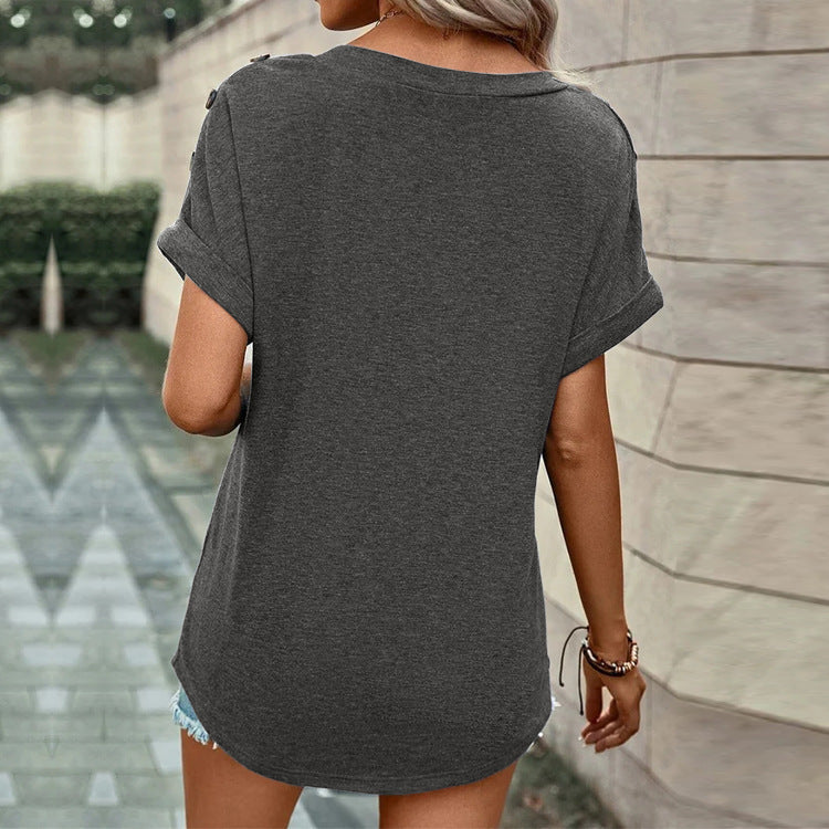 Women's Solid Color Button Fashion Sleeve Women's T-shirt