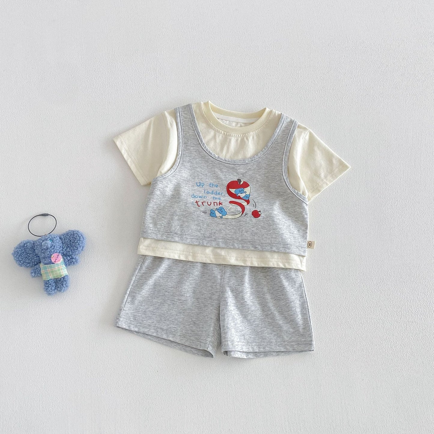 Children's Or Exchange Boy's Sportswear Summer Fake Two-piece Cartoon Printed T-shirt Children's Suit