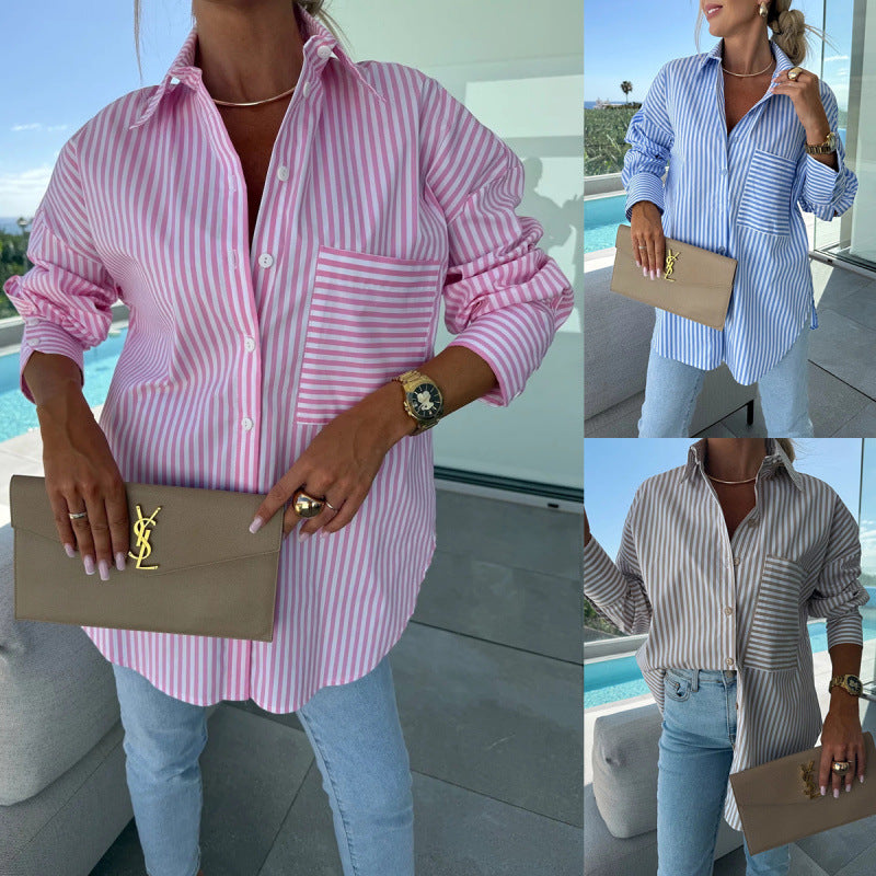 Women's Pocket Striped Long Sleeve Shirt Clothing