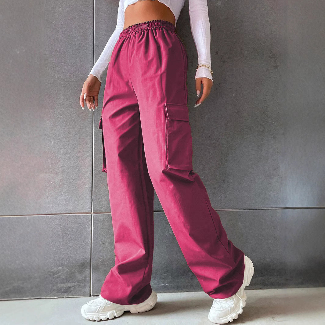 Women's Solid Color High Waist Flip Pocket Casual Pants