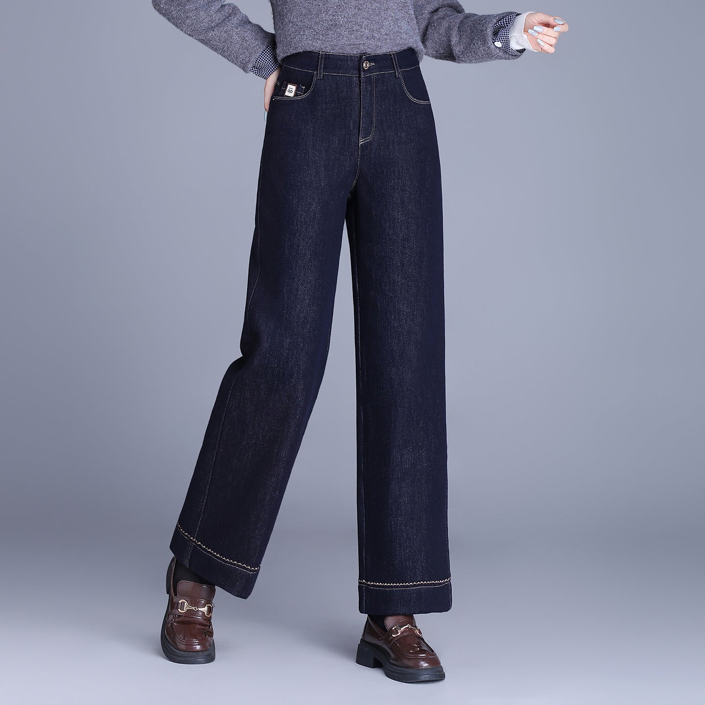 Women's Denim Blue High Waist Veet Thickening Casual Pants