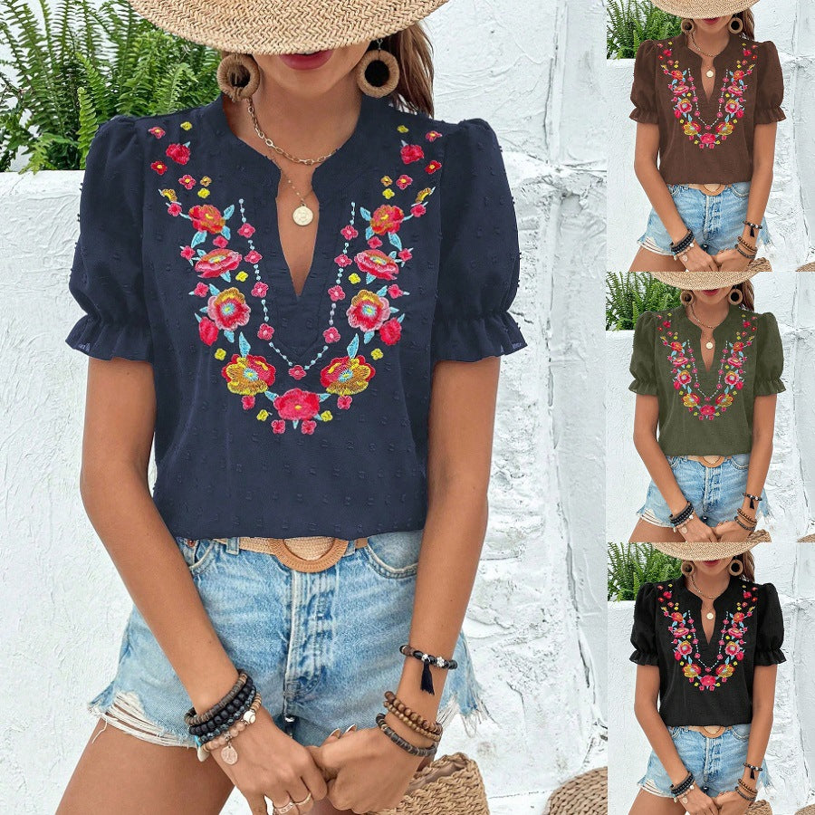 Attractive Women's Floral Embroidered Puff Sleeve Shorts