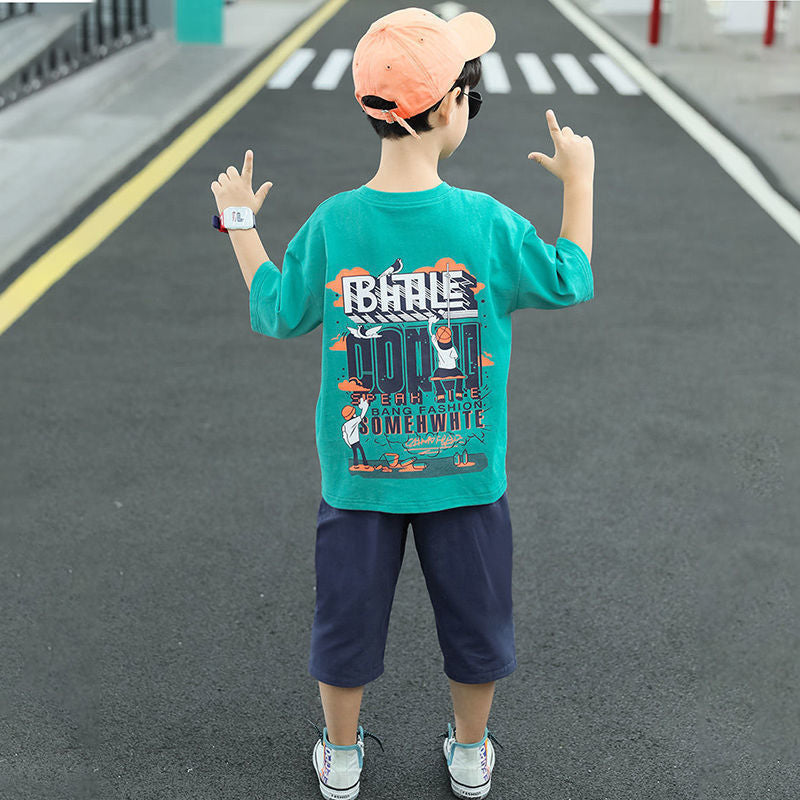 Children's Clothing Short-sleeved Summer Sports Medium Large Handsome Korean Style Fashionable Children's Suit