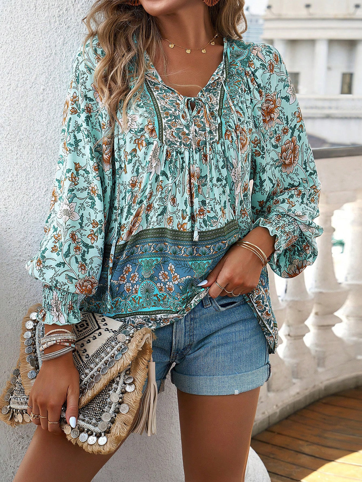 Women's Bohemian Vacation Style Printed Long Sleeve Blouse