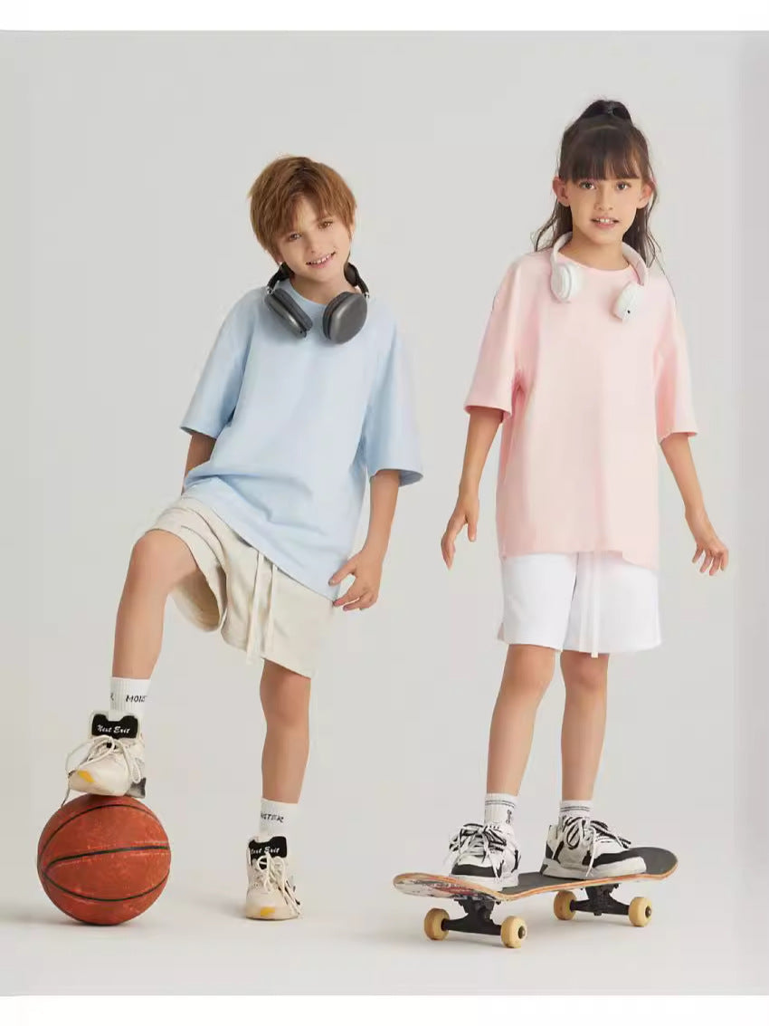 Children's Cotton Loose Shoulder Short-sleeved Solid Color Heavy Clothing Fashion Sports Children's T-shirt
