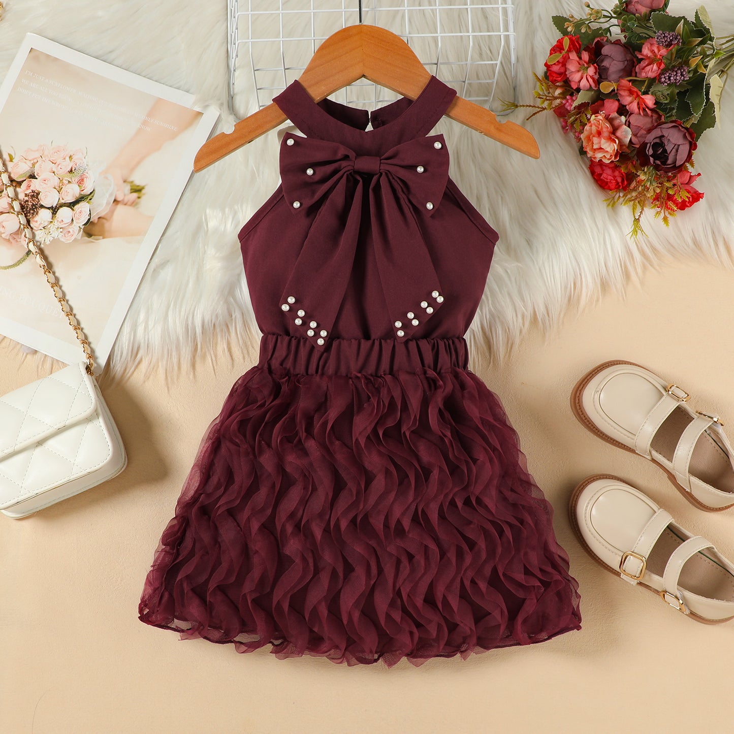 Children's Summer Beaded Bowknot Vest Top Mesh Children's Suit