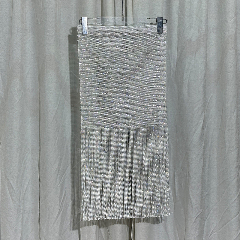 Women's Fashionable Tassel Mid-length High Waist Slimming Sheath Performance Wear Skirt