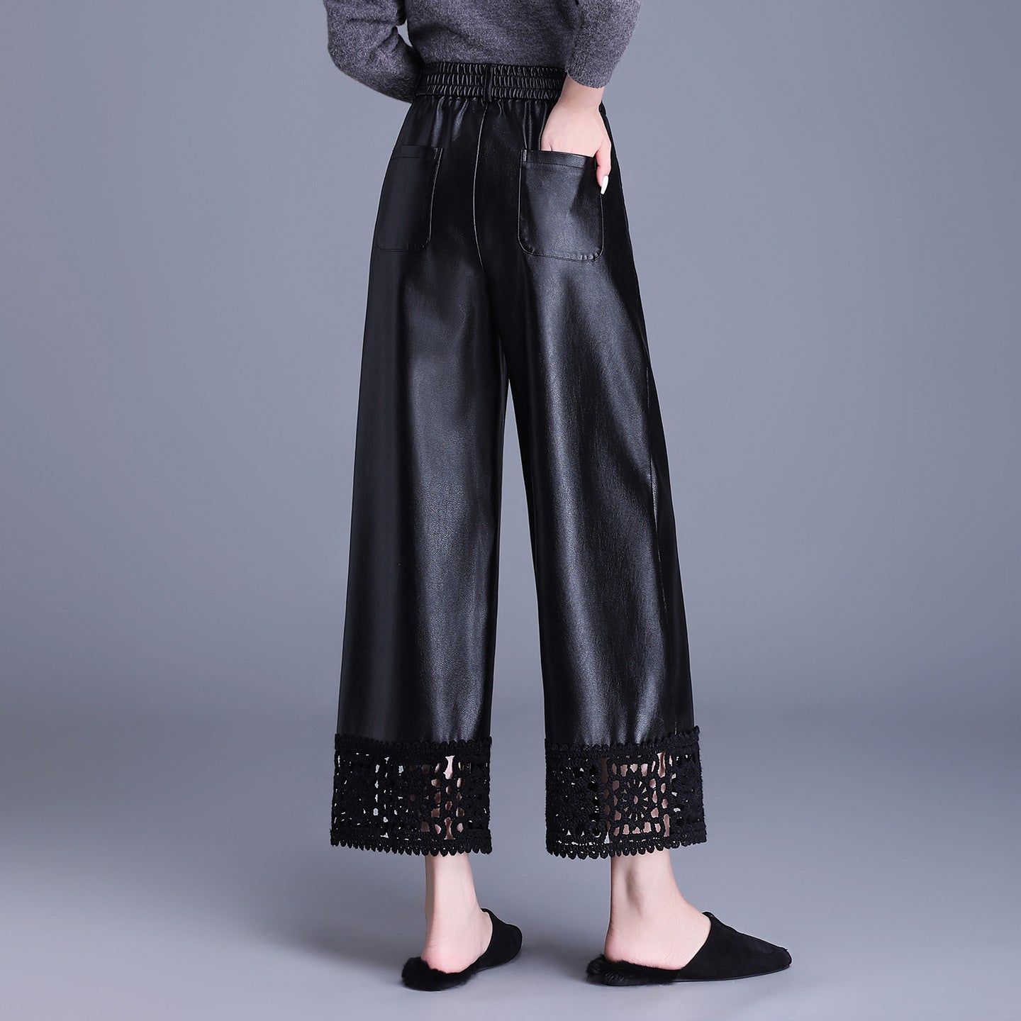 Women's Stitching Leather High Waist Loose Slimming Pants