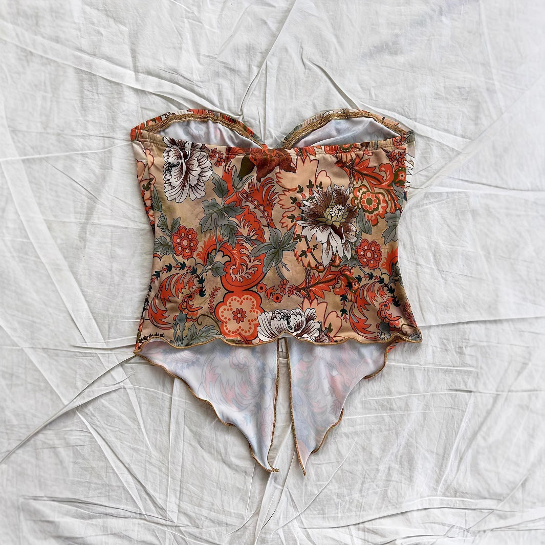 Printed Asymmetric Hem Vacation Style Wrapped Small Vest/suspenders/tube Top