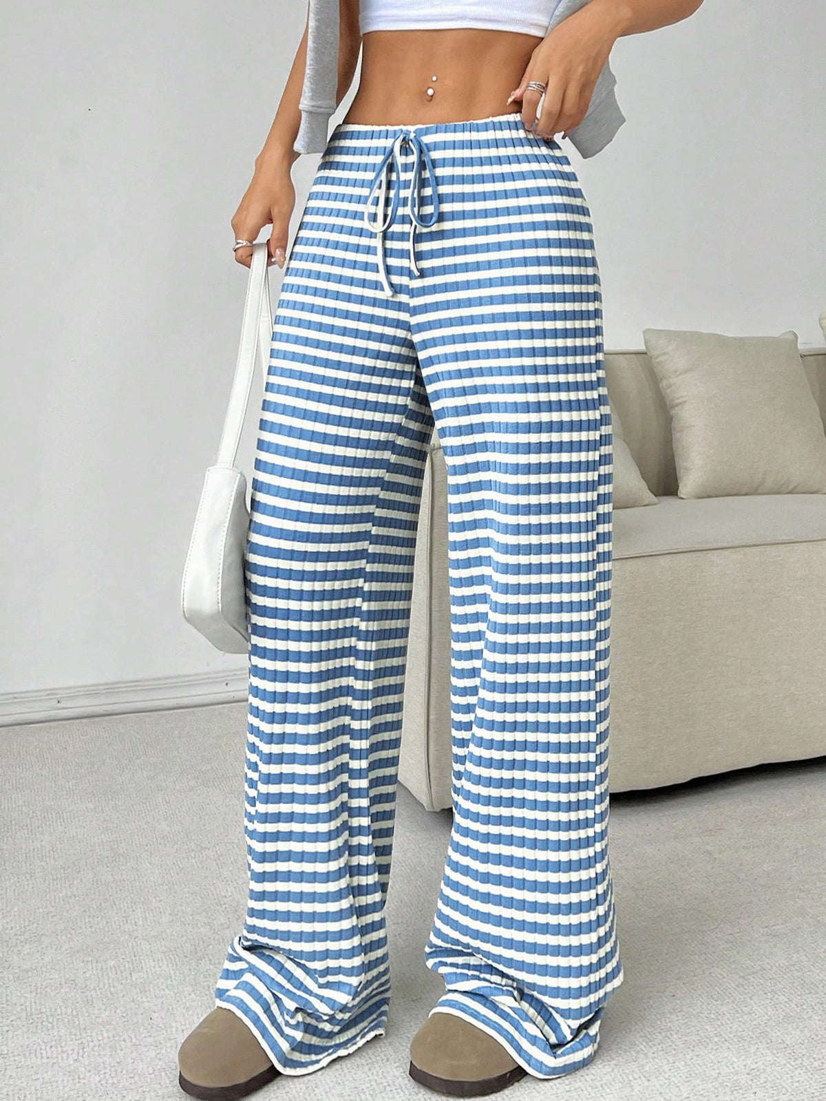 Women's Striped Solid Color Rubber Band Drawstring Casual Pants