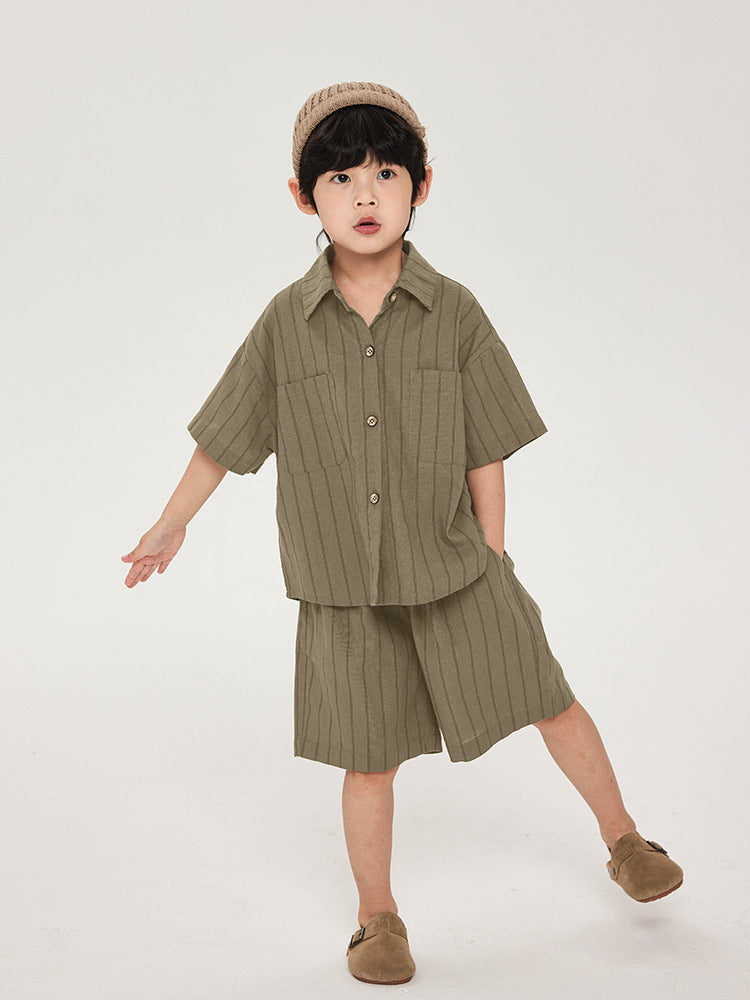 Children's Summer Cotton Linen Striped Shirt Short Sleeve Children's Suit