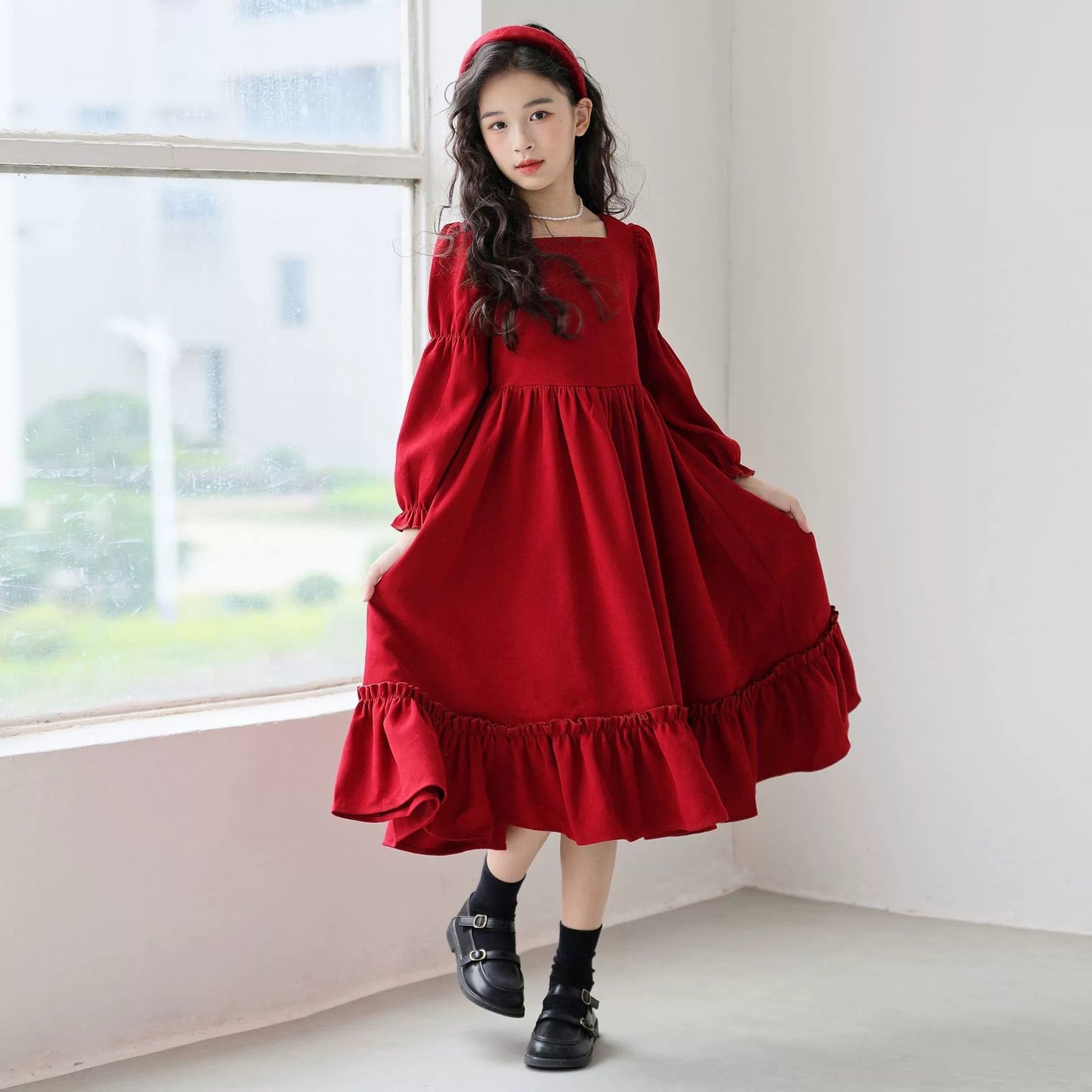 Children's Autumn Clothes Princess Square Collar Red Fashionable Children's Dress
