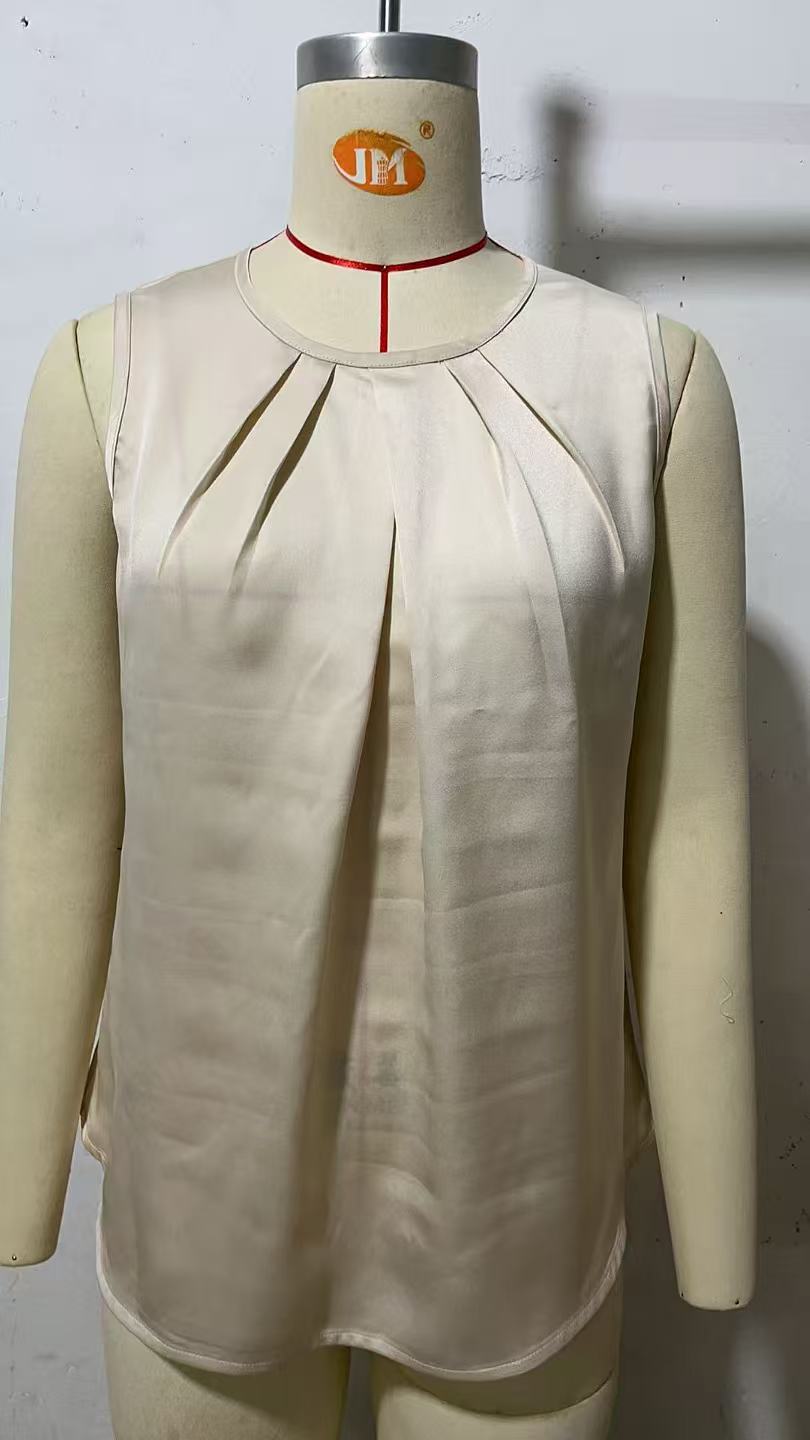 Women's Pleated Round Neck Satin Sleeveless Lace Shirt, Chiffon Shirt