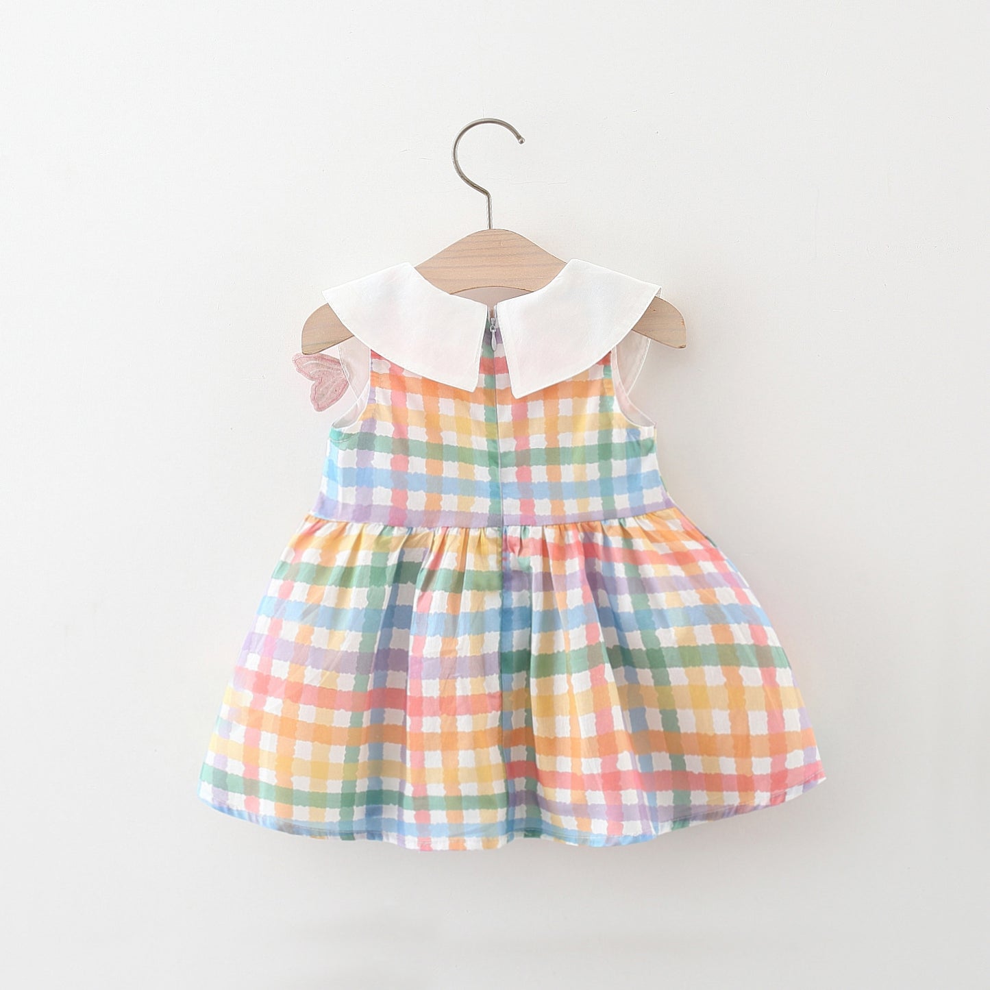 Cartoon Embroidered Collar Plaid Sleeveless Colorful Cotton Children's Dress