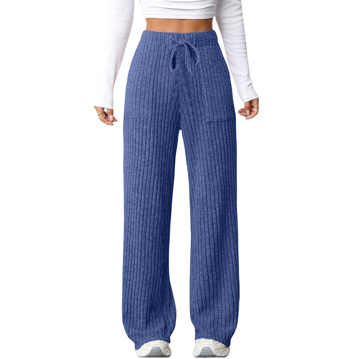 Women's Solid Color Rib Fabric Pocket Casual Pants