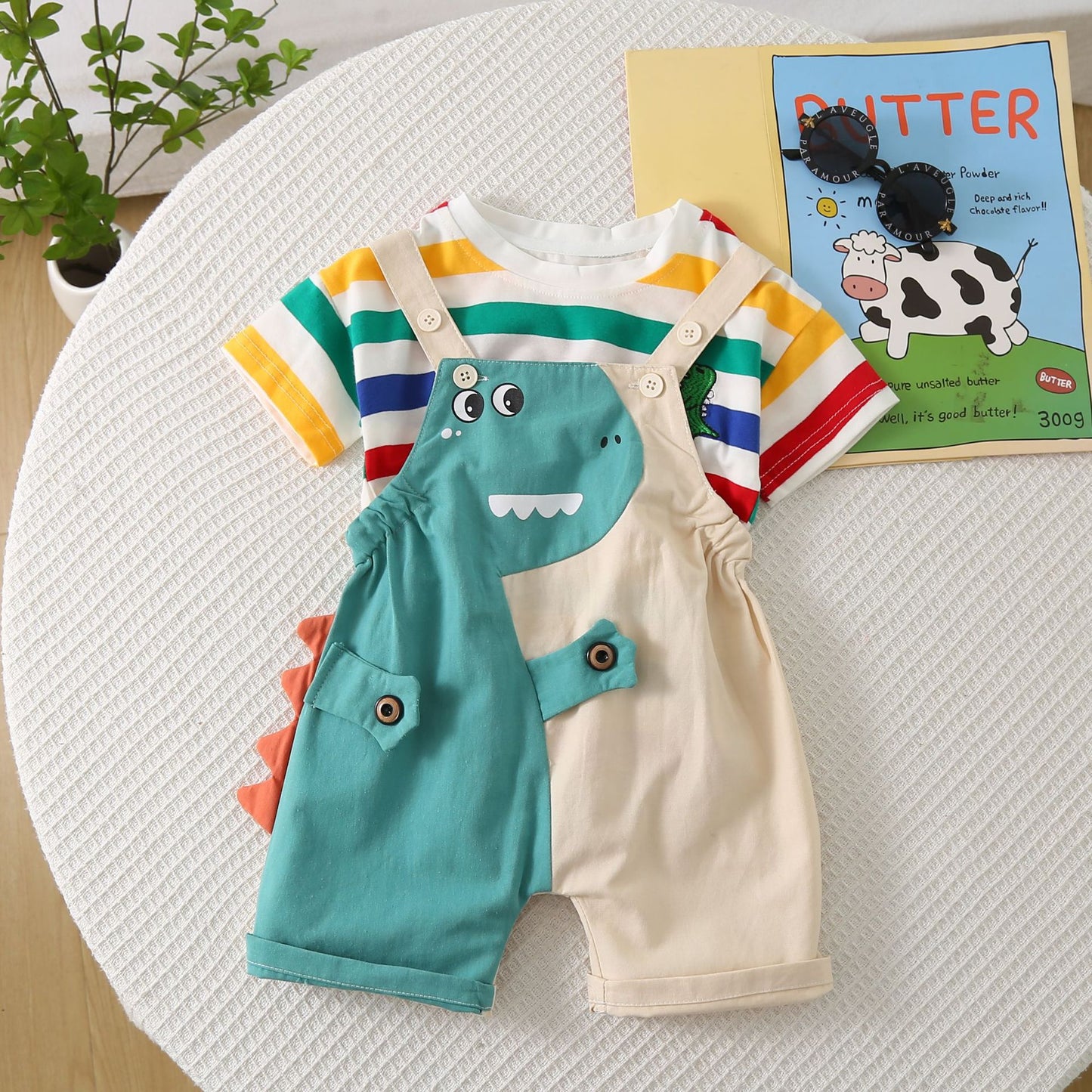 Children's Summer Striped Dinosaur Strap Short Sleeve Boy's Children's Suit