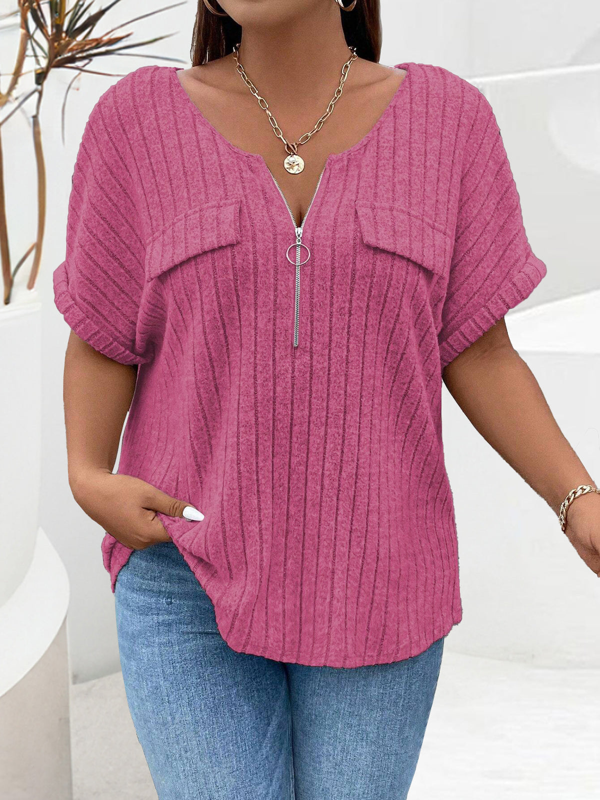 Women's Solid Color Clothes Zipper Sleeve Faux Pocket Pullover Tops