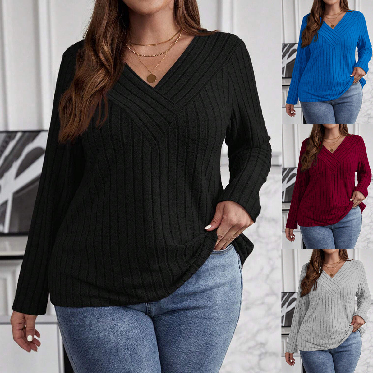 Solid Color Cross Long Sleeve Sunken Stripe Brushed Tops