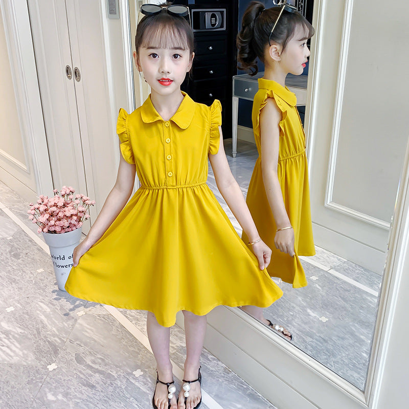 Children's Fashionable Solid Color Polo Collar Wooden Ear Teens Children's Dress