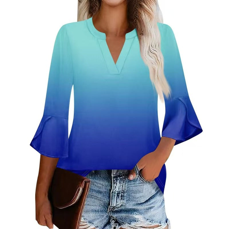 Women's Shirt Petal Sleeve Fashion Printed Loose Blouse