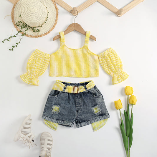 Summer Strap Puff Sleeve Sweet Two-piece Children's Suit
