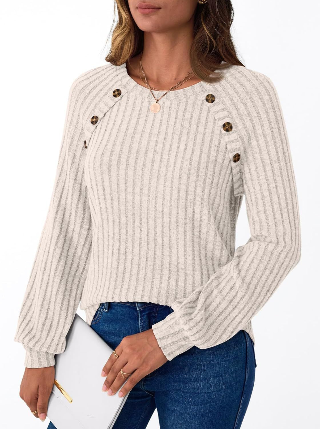 Women's Stripe Fashion Knit Long Sleeve Button Women's T-shirt