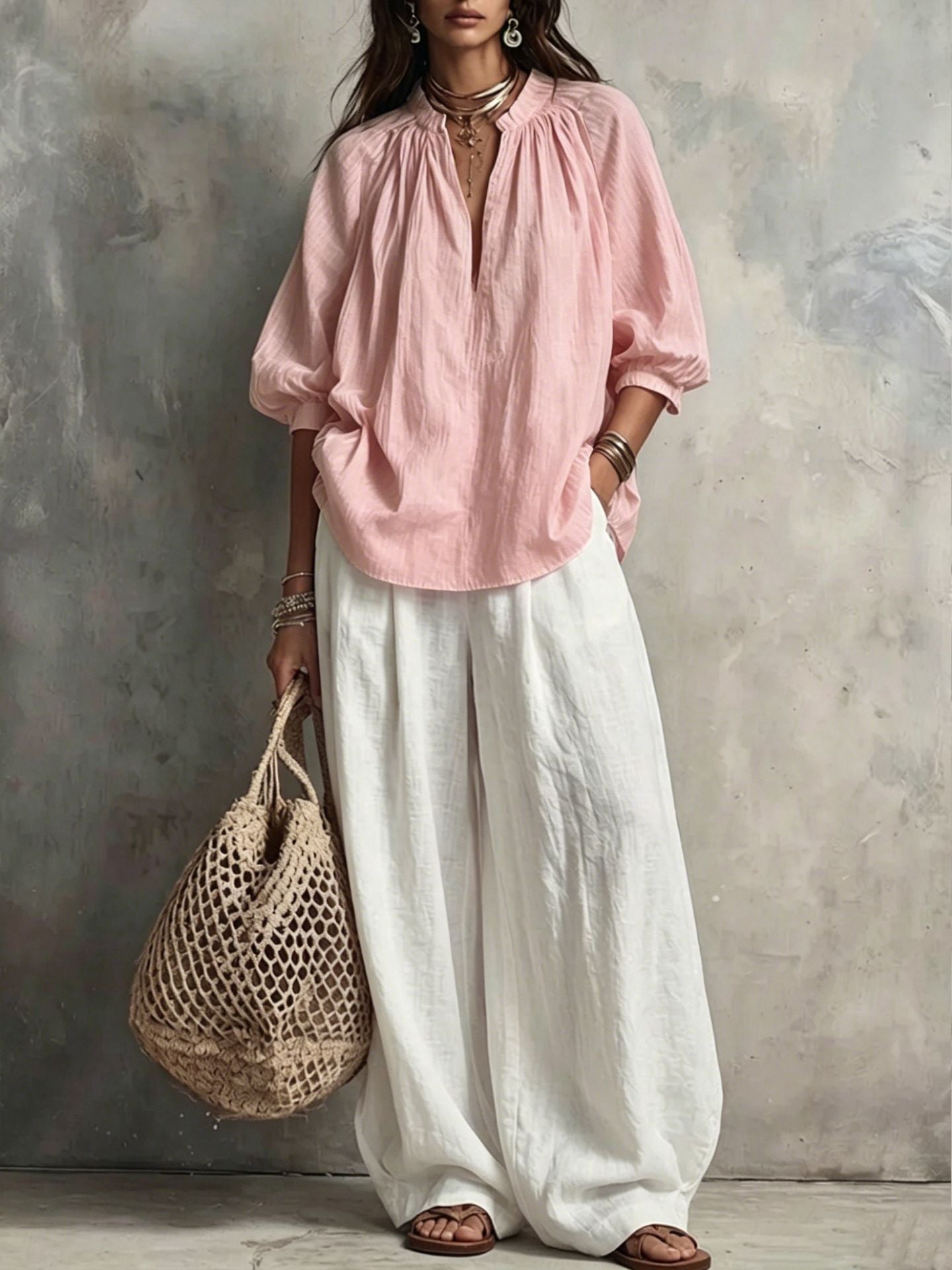 Shirt Loose Slimming Middle Sleeve Vacation Tops