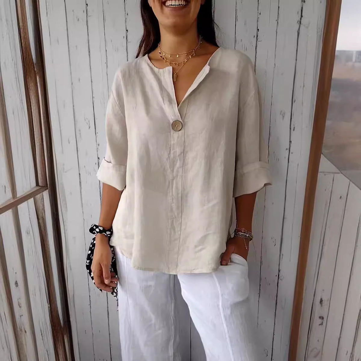 Women's Autumn Casual Loose T-shirt Buttons Cotton Tops