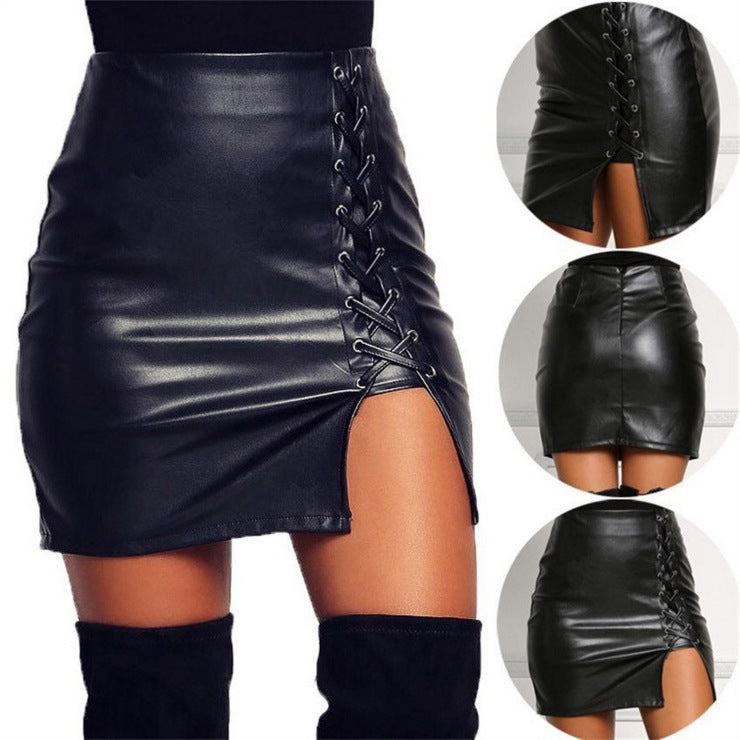 Women's Hemline At Hem Leather High Waist Skirt