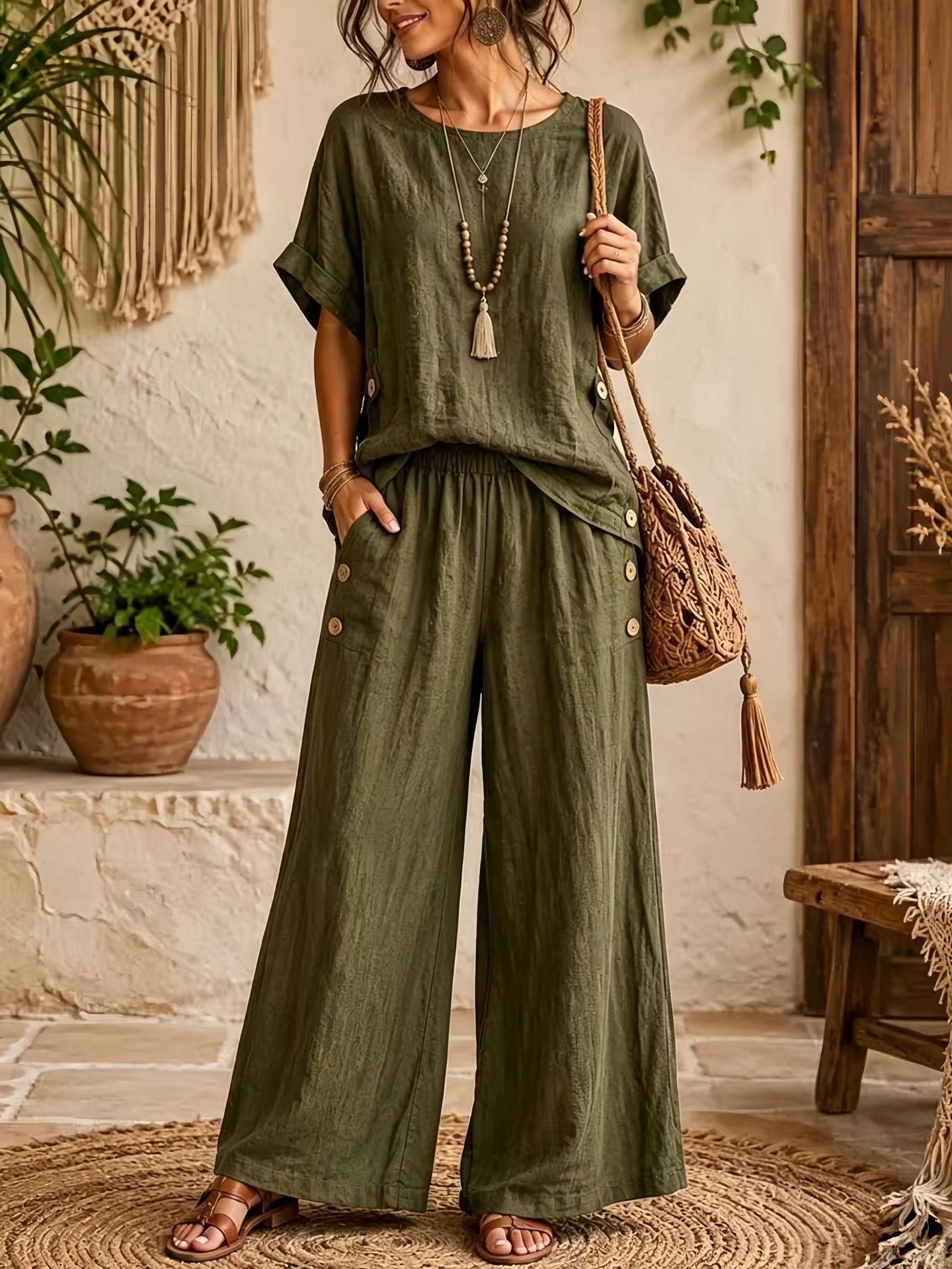 Women's Linen Round Neck Sleeve High Waist Loose Wide Leg Fashion Casual Suit