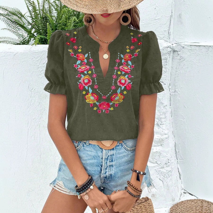 Attractive Women's Floral Embroidered Puff Sleeve Shorts