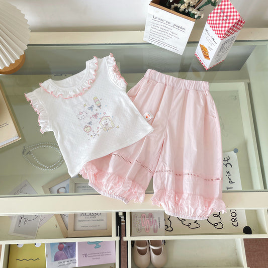 Fungus Flounced Sleeve Cartoon Vest Lace Edge Children's Suit