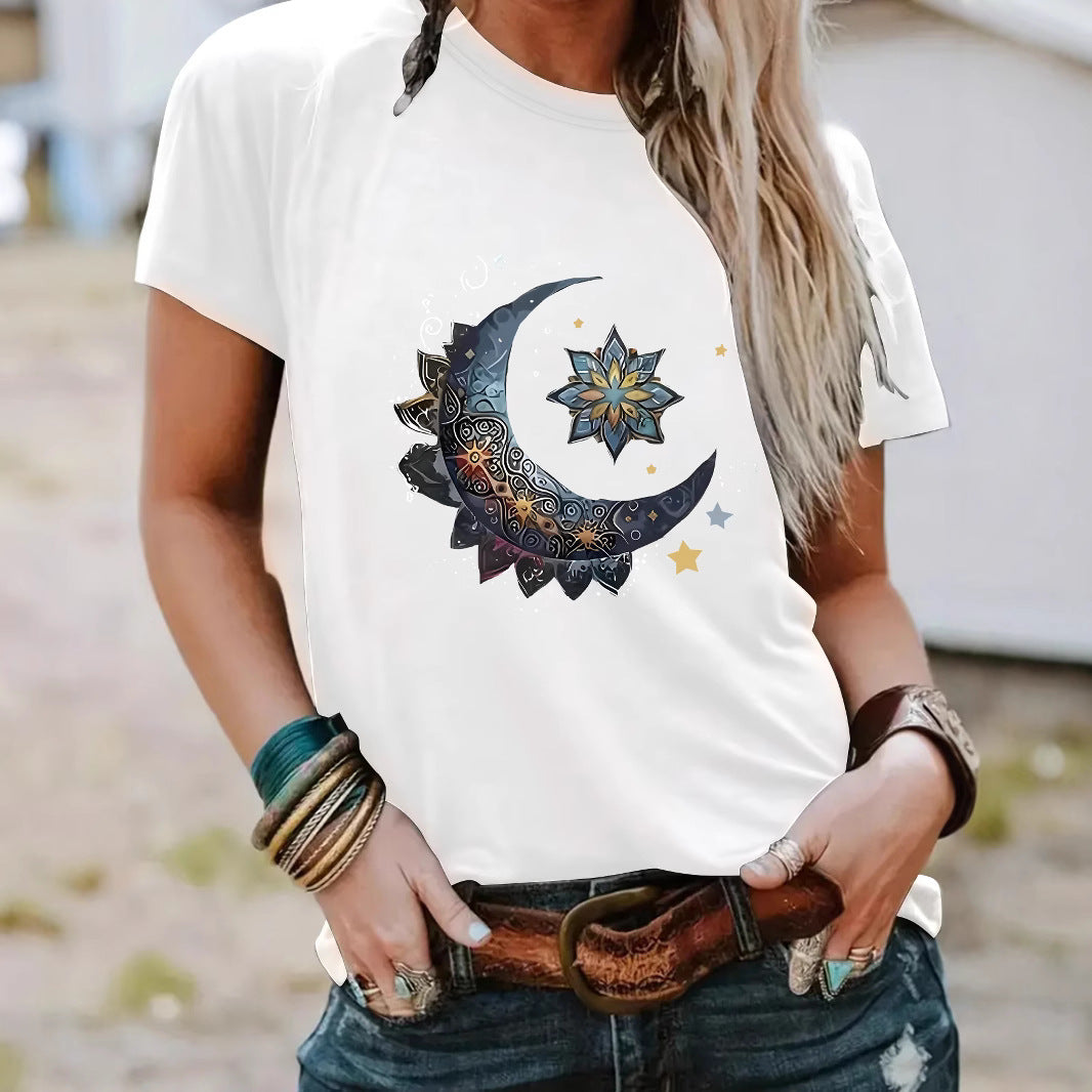 Women's Round Neck Fashion Moon Loose Sleeve Tops