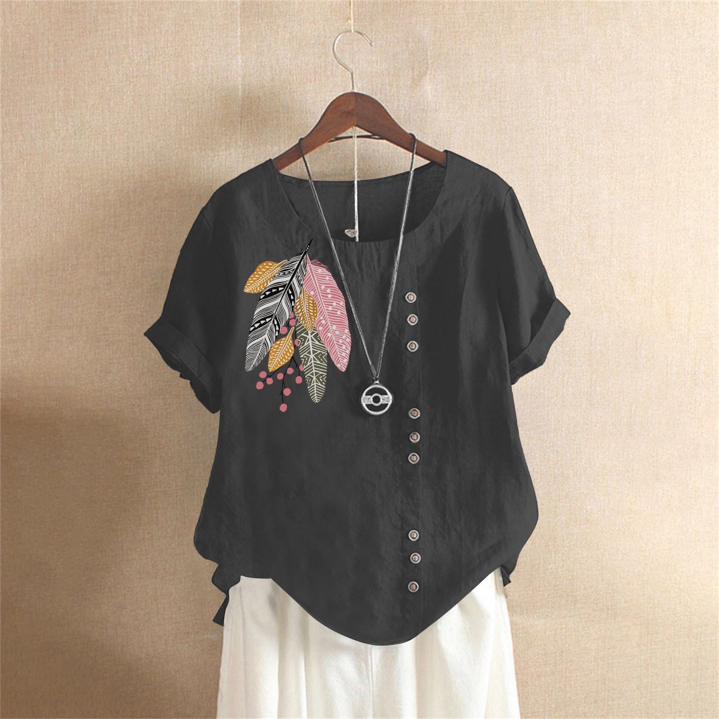 Women's Summer Retro Large Casual Loose Cotton Linen Sleeve Women's T-shirt