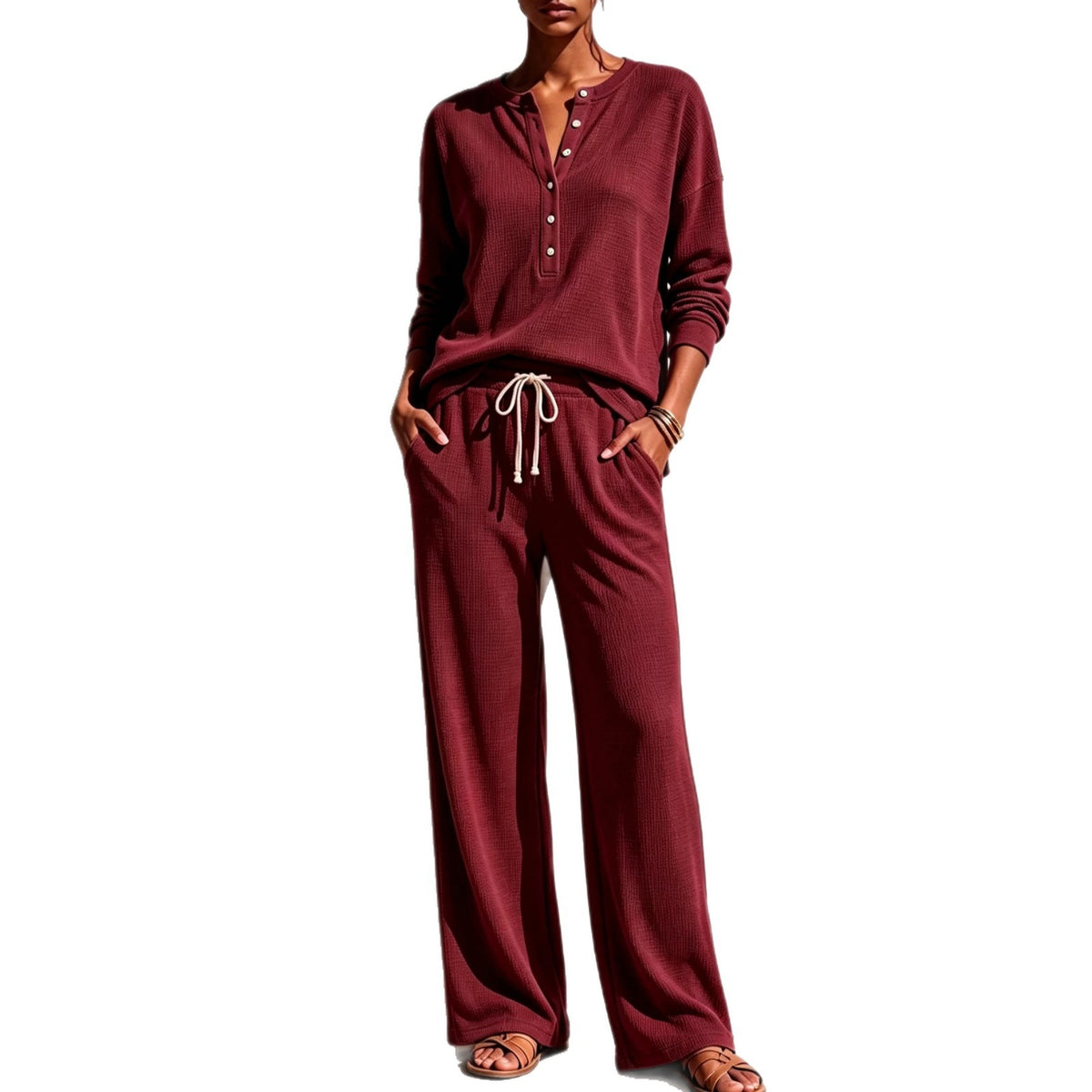 Go Out Waffle Solid Color Henley Shirt Fashion Casual Suit