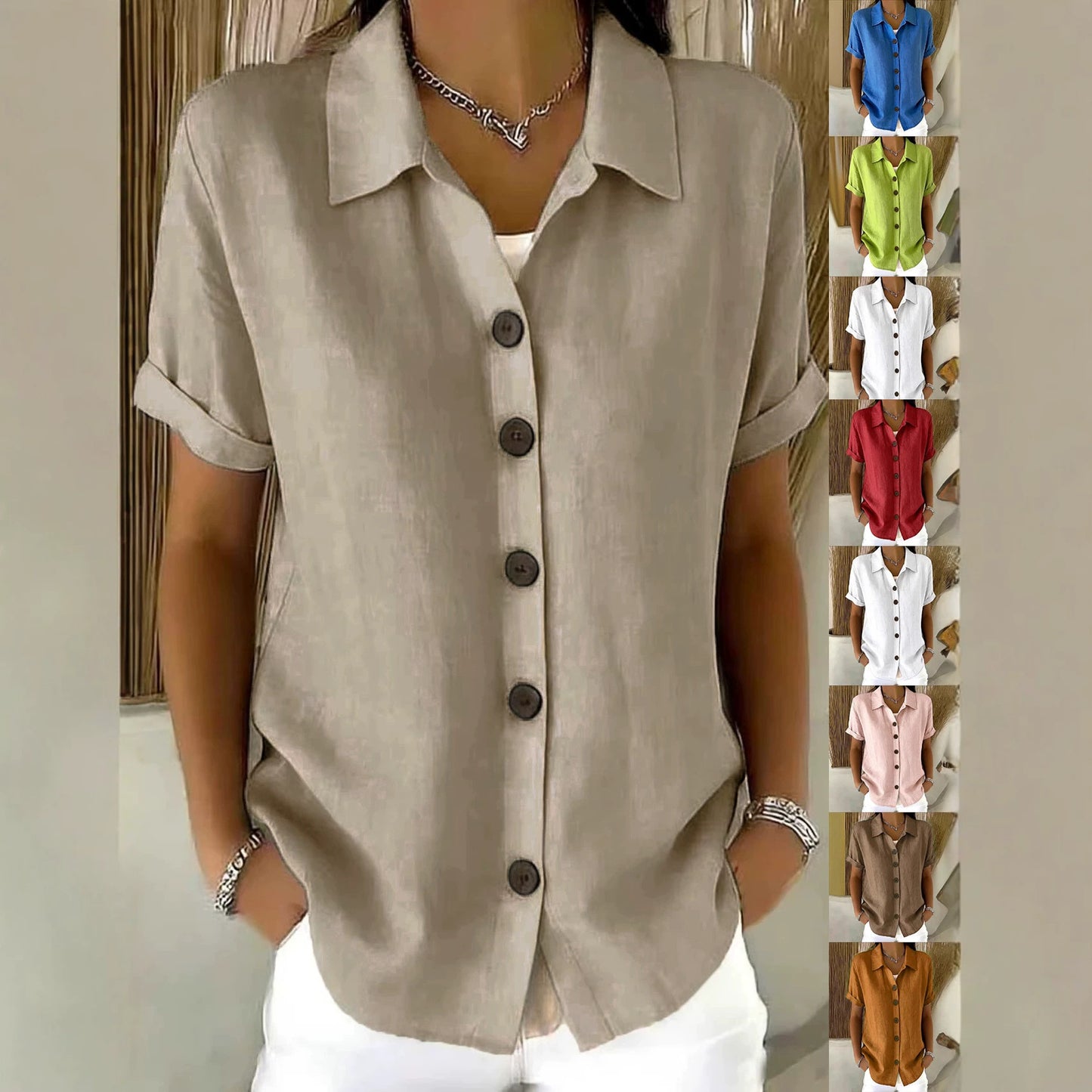Summer Solid Color Polo Collar Shirt Button Casual Comfortable Shorts