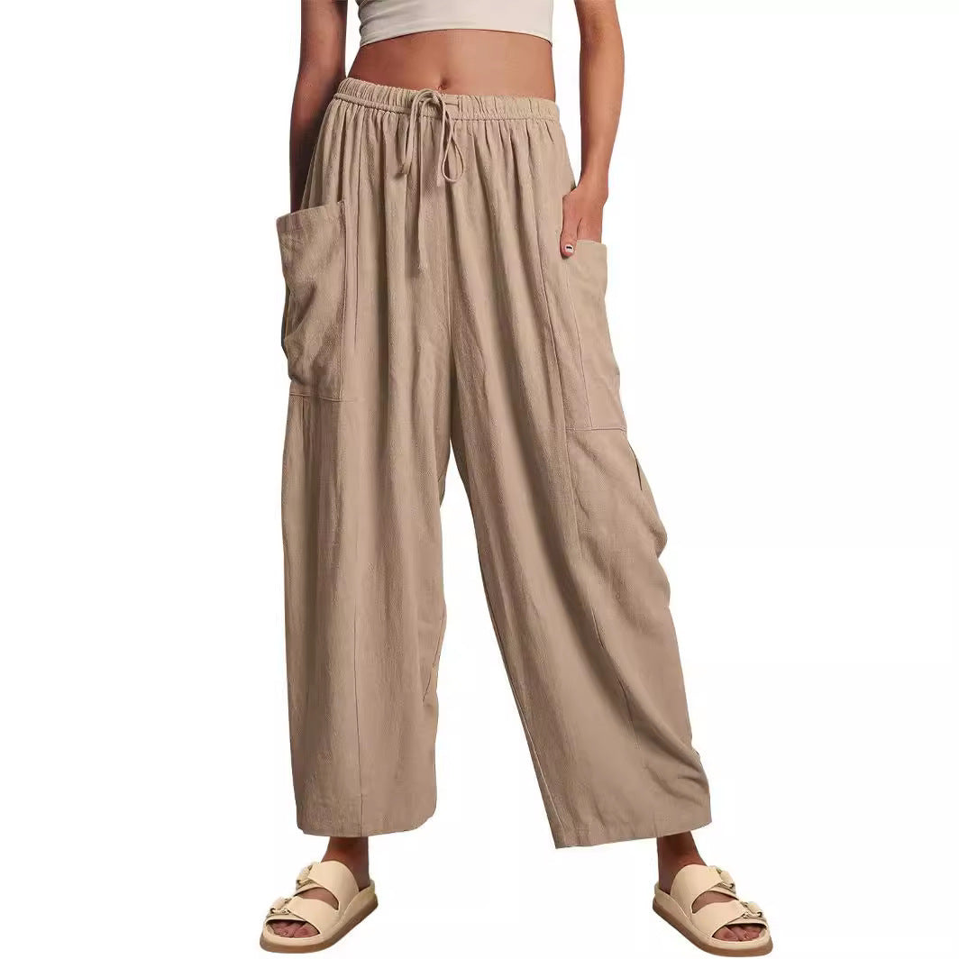 Women's Waist High Wide Leg Loose Cotton Linen Trousers Pants