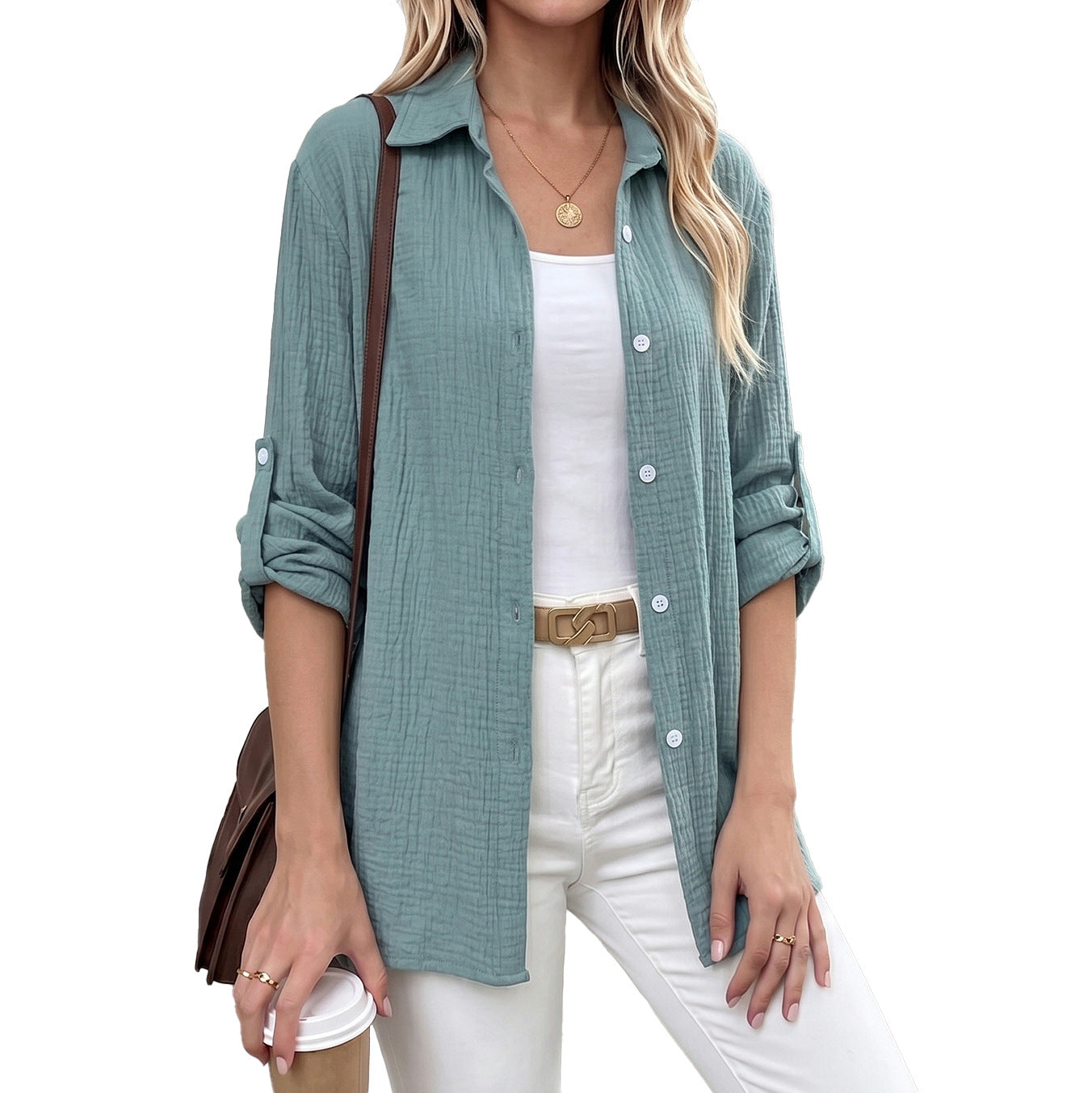 Long Sleeve Lapel Button Shirt Cuff Blouse